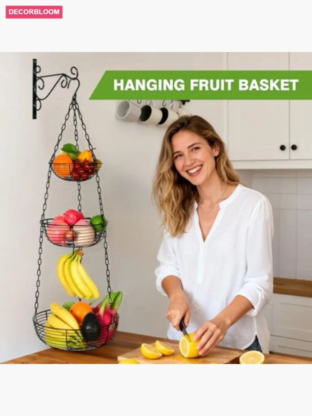 3 Tier Hanging Fruit Basket with Banana Hook, Heavy Duty Wire Kitchen Storage